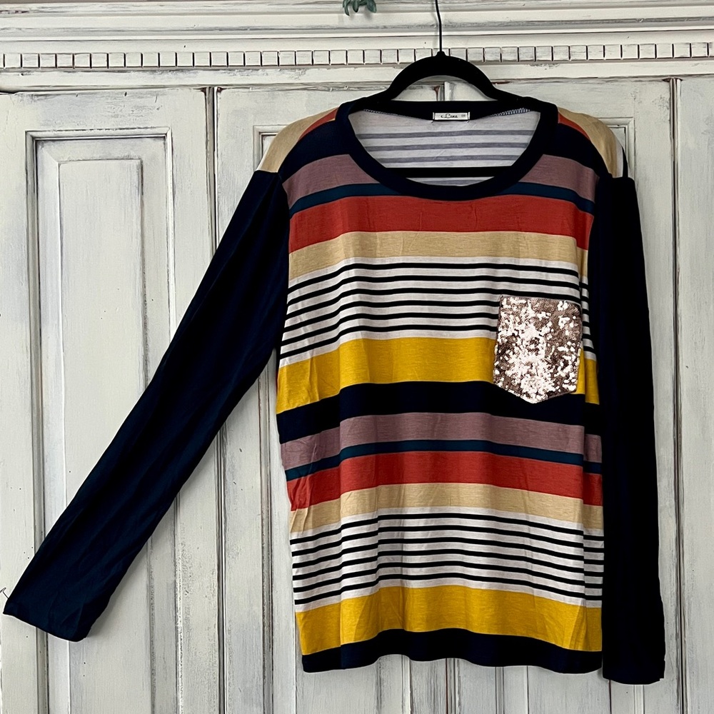 🟠NWT E LUNA Plus Long Sleeve Top - Navy/Colorful Stripes w/Gold Sequin Pocket 1X